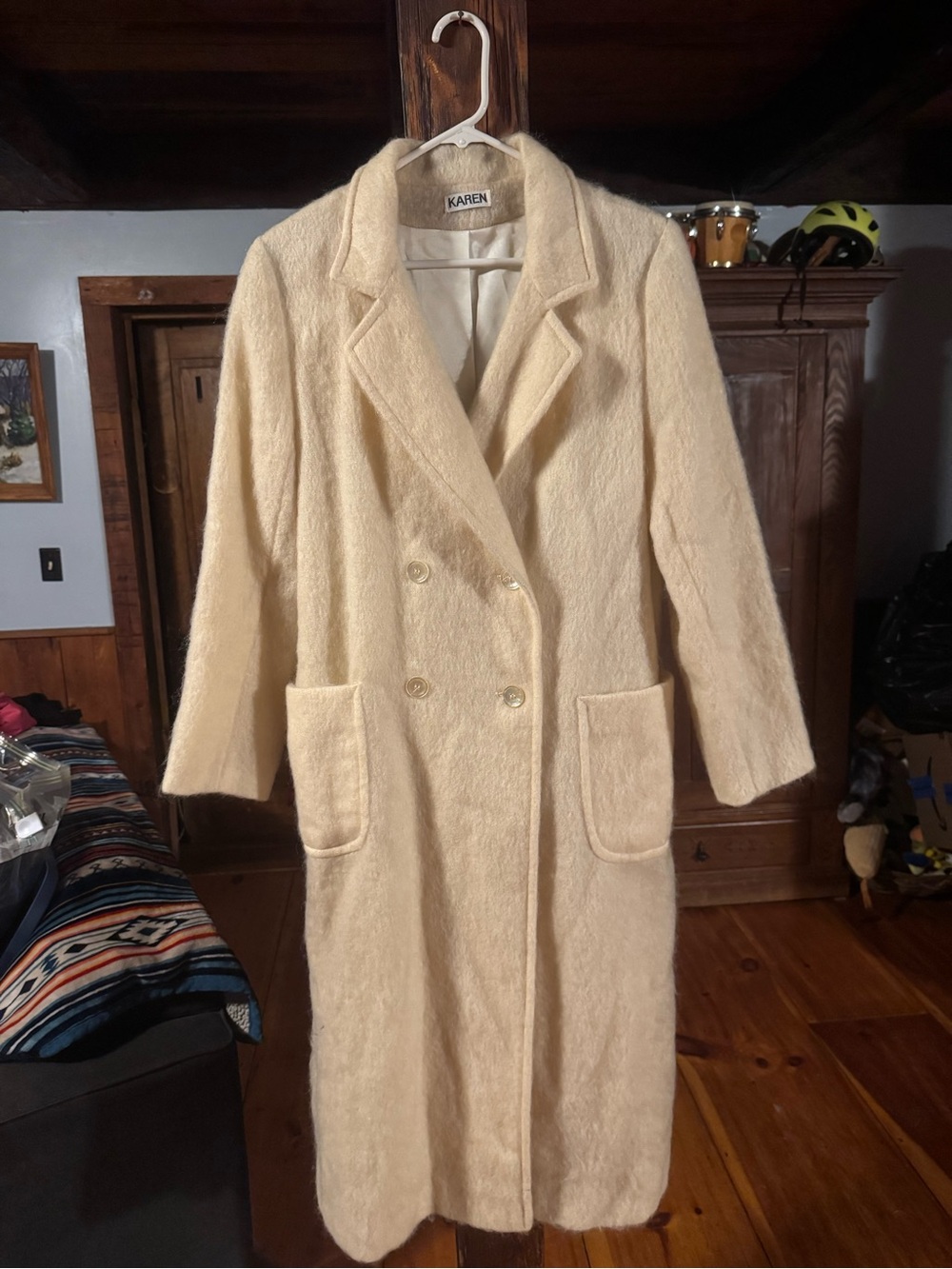 Karen Vintage Double-Breasted Cream Wool And Mohair Long Coat